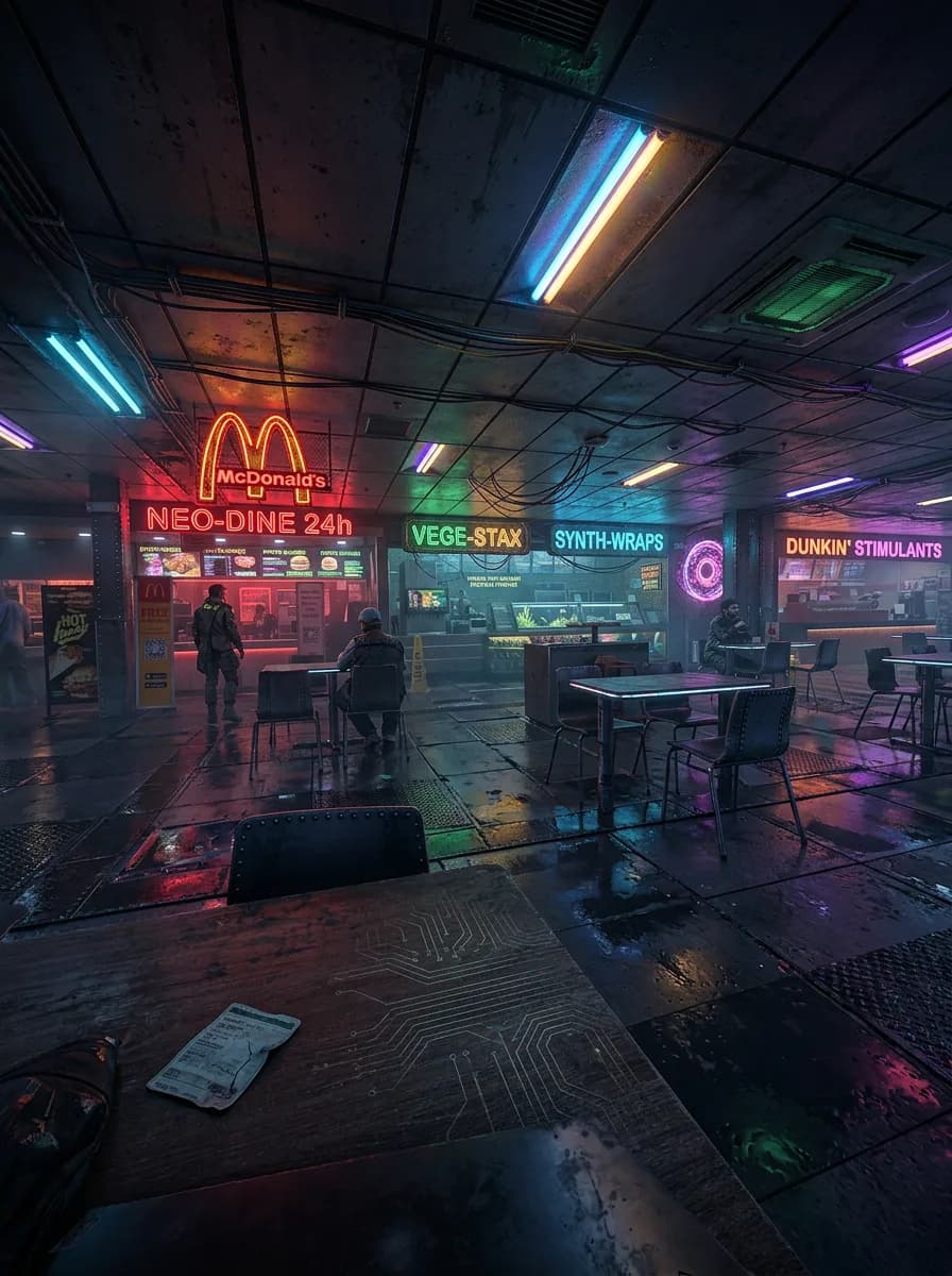 Food court transformed into a moody neon late-night cafe