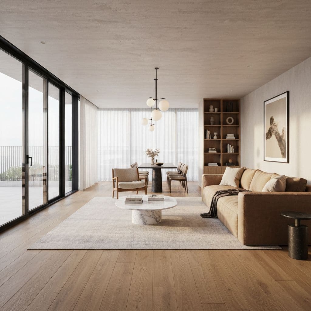 Photorealistic AI-generated render of the same living room design