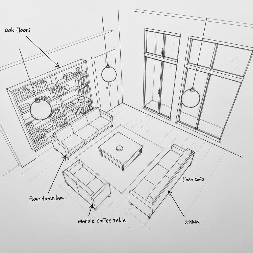 Hand-drawn architectural sketch of a living room with handwritten labels
