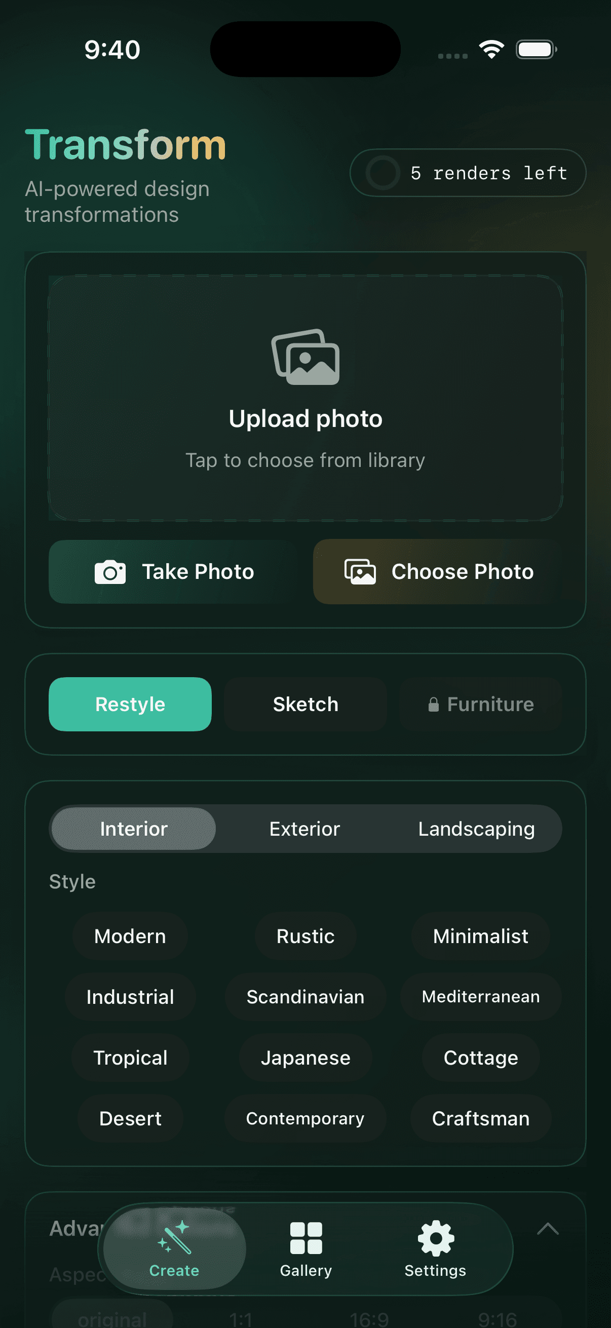 BuntuSpaces iOS app screenshot showing Transform interface