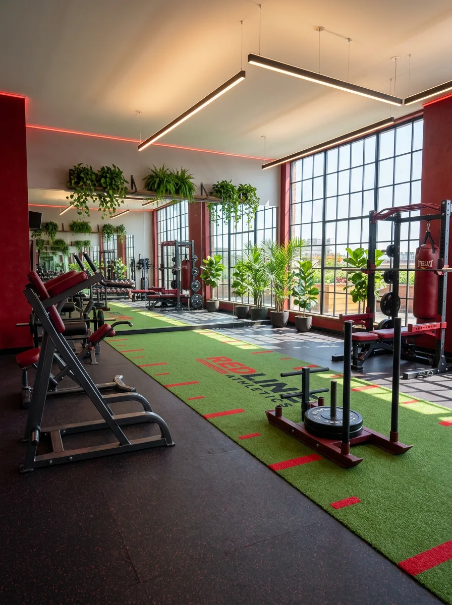 Modern gym after AI transformation with plants and lighting